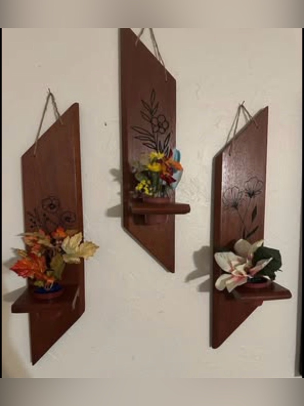 Set of 3 Handcrafted Engraved Wooden Wall Sconces / Planters with Vases /Flowers